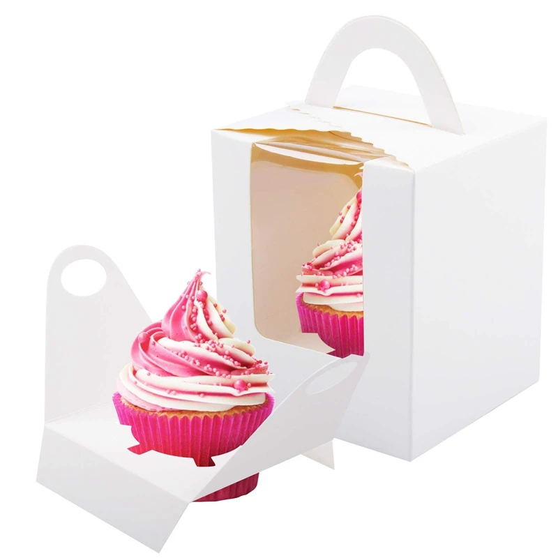 

50 PCS Single Cupcake Boxes White Individual Cupcake Carrier Holders With Window Inserts For Bakery Wrapping Packaging