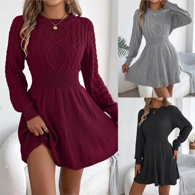 Autumn And Winter 2025 Europe And America Solid Color Fried Dough Twists Waist Lantern Long Sleeve Wool Dress A-line Dress Dress