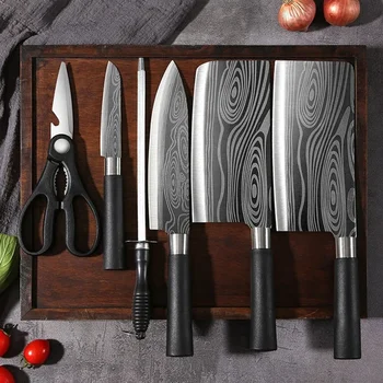 Laser damasco padrão utilitário facas de cozinha tesoura afiar haste conjunto aço inoxidável afiada corte chef faca ferramenta cozinha 1