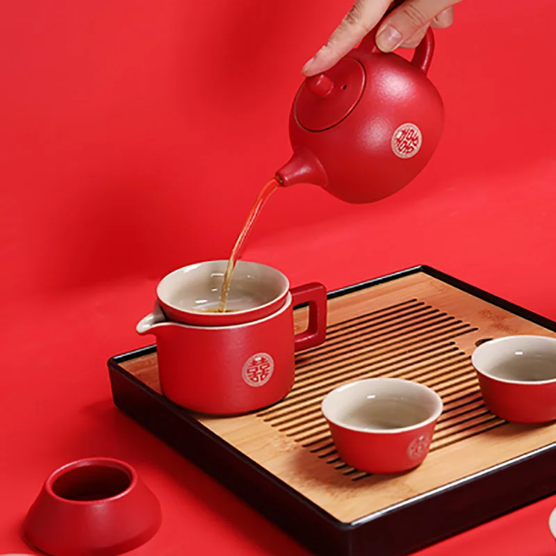 Ceramic Teapot with Infuser, Porcelain Tea Pot, Teaware for Loose Leaf Tea, Chinese Red, Wedding Gift, Party Family, Newlywed