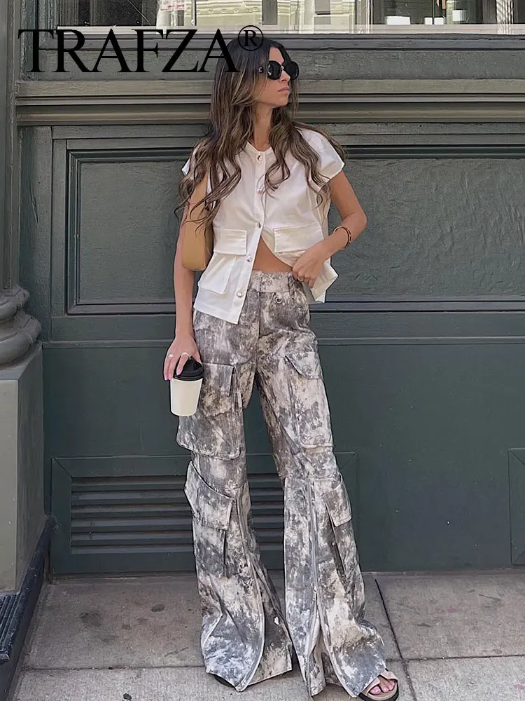 

TRAFZA 2023 Woman Elegant Grey Vintage Printing Pocket Decorate High Waist Casual Cargo Pants Elegant Woman Street Long Pants