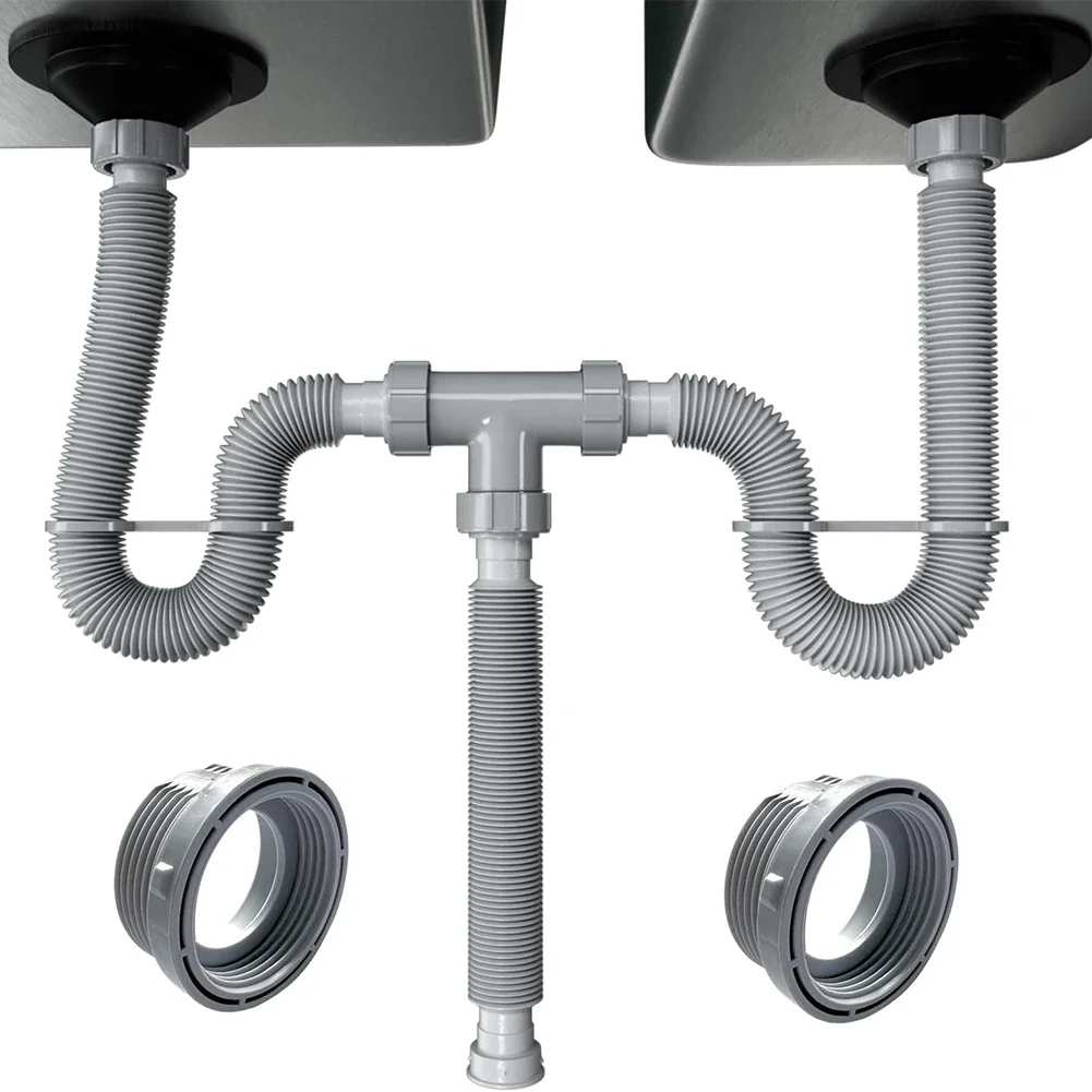 Adjustable Double Sink Drain Kit: Flexible 1-1/2 & 1-1/4 Inch P Trap Sink Drain Adjustable Pipes Leak-Proof Accessories