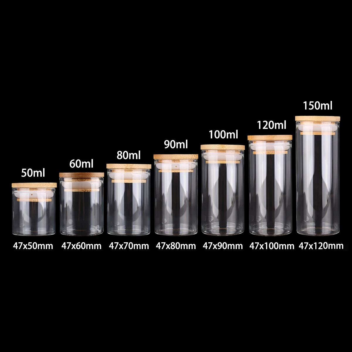 6pcs/lot 50ml 60ml 80ml 90ml 100ml 120ml 150ml Glass Candy Bottles With Bamboo Caps Pill Container Empty Bottles For Art Crafts 3