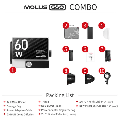 ZHIYUN MOLUS X100 100W G60 60 60W COB LED 비디오 조명, 유튜브 비디오 촬영용 조명 필 라이트 10