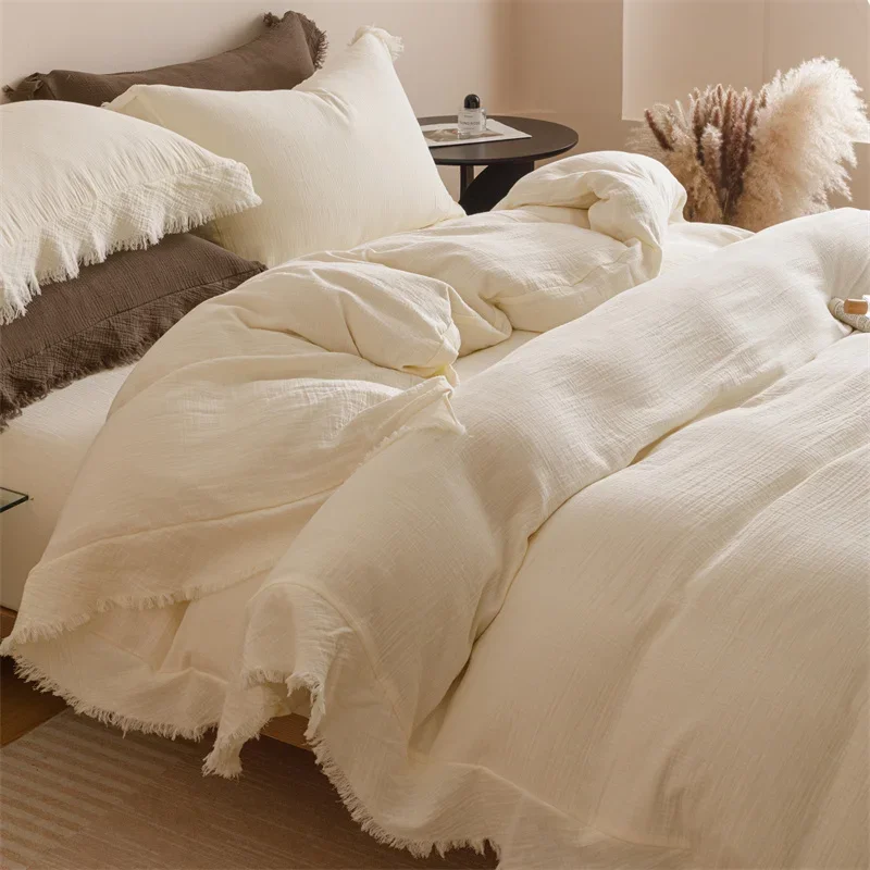 4Pcs Pure Cotton Double Layer Crinkle Yarn Soft Natural Skin-friendly Bedding Set Duvet Cover Bed Sheet/Fitted Sheet Pillowcases