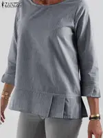 ZANZEA Stylish Women O Neck 3/4 Sleeve Blouse Autumn Striped Shirt Elegant Ruffles Work Blusas Casual Holiday Tops Tunic Chemise - Image 2