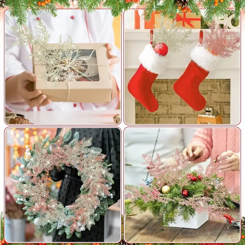 Christmas Decoration  Artificial Glitter Simulation Pine Leaves Tree Branch Christmas Tree Ornament For DIY Xmas Tree Wreath