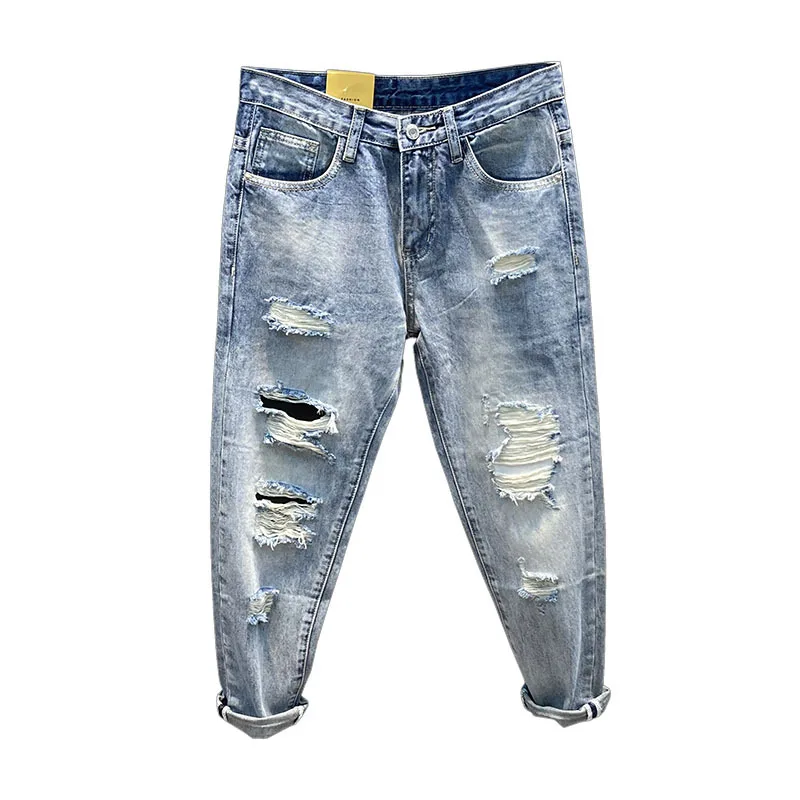 Summer2024New Japanese Pants Men's Loose Hole Cropped Length Retro Street Personality Trend Loose Straight Harem Jeans