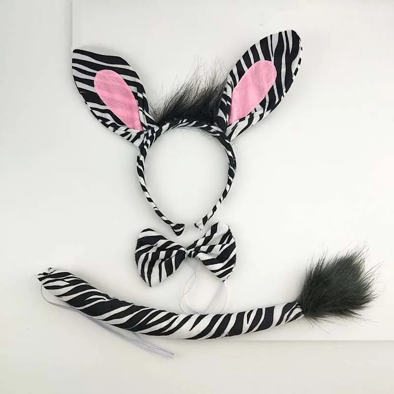 Adults Kids Plush Cartoon Animal Zebra Ear Headband Hairband Tail Bow Birthday Party Gift  Cosplay Costume  Christmas Halloween new cartoon bows glitter mouse ears headband girls 5 bow sequin hairband halloween holiday party cosplay adult kids gift