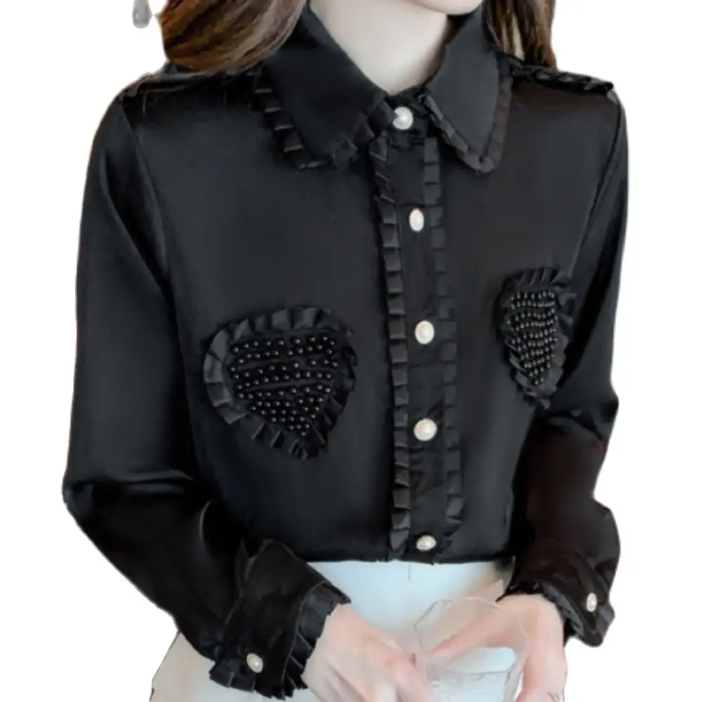 

Love Heart Pearls Beading Black White Blouse Women 2023 Autumn New In Korean Elegant Shirt Long Sleeve Tops Female Blusas