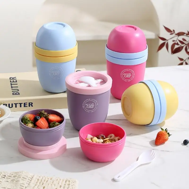 Double Layer Overnight Oats Container With Lids And Spoons Large Capacity Oatmeal Cereal Nut Yogurt Cup PP Seal_
