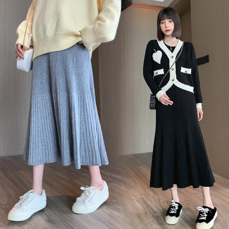 Maternity High Waist Knitted Midi Skirt Autumn Winter Style Outerwear Belly Cover Fashionable plus Size Slimming Long Skirt
