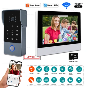 2 Wires Video Intercom System, 7“ Wireless WIFI Monitor 1080P Doorphone Camera Video Doorbell Code Password IC Card Tuya Unlock 1