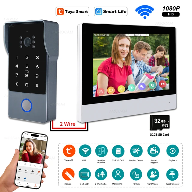 2 Wires Video Intercom System, 7“ Wireless WIFI Monitor 1080P Doorphone Camera Video Doorbell Code Password IC Card Tuya Unlock 1