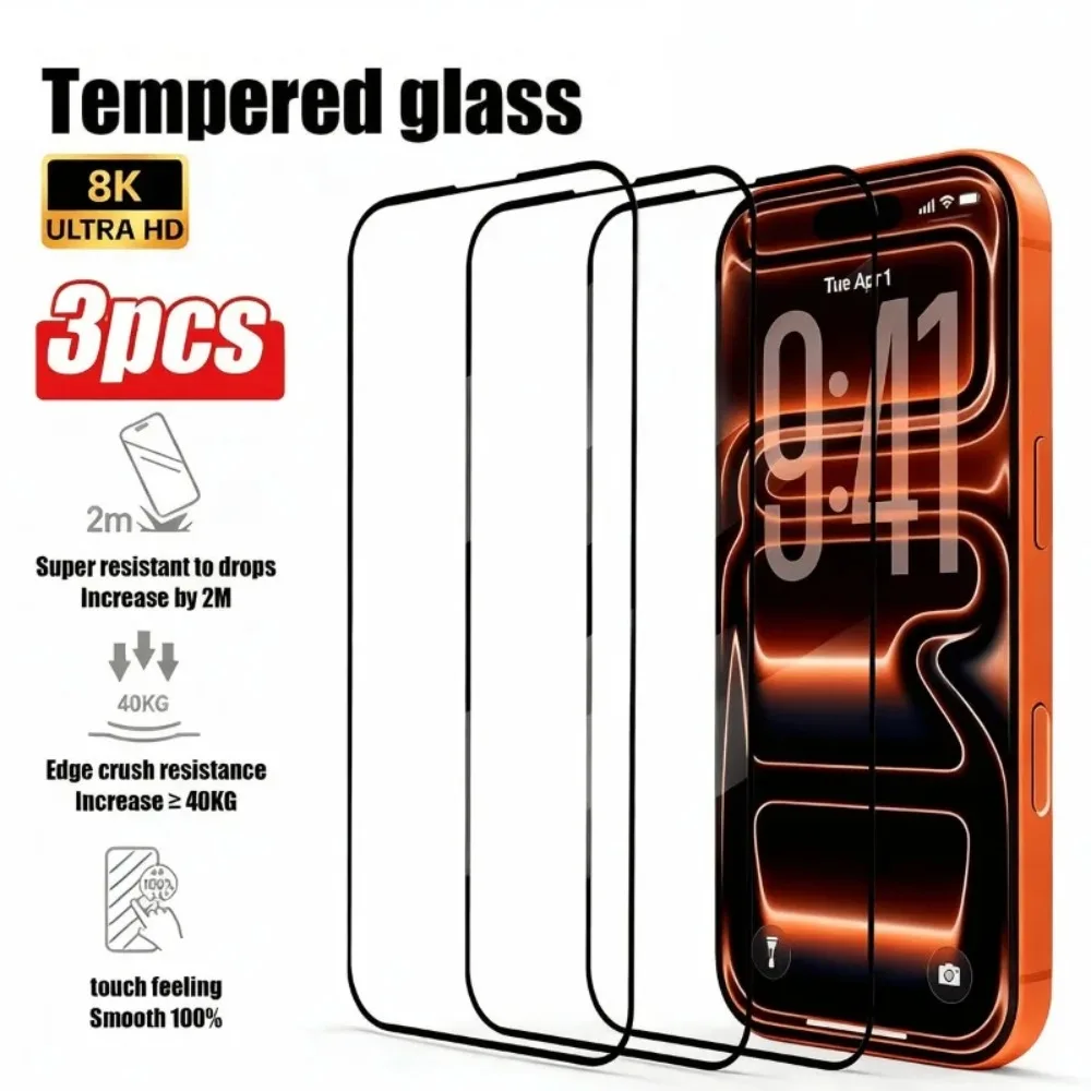 3 шт. Повне загартоване скло для iPhone 17 16 15 14 Pro Max Air 16 15 14 Plus 13 12 11 Pro XR XS Max Ultra HD Screen Protector