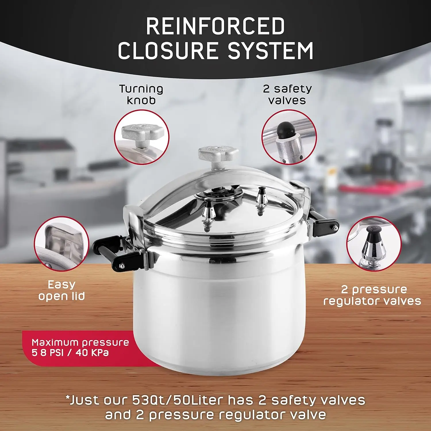 Extra Large 53 Quart / 50 Liter Professional Pressure Cooker, Heavy-Duty Aluminum Construction with Multiple Safety Systems, Com
