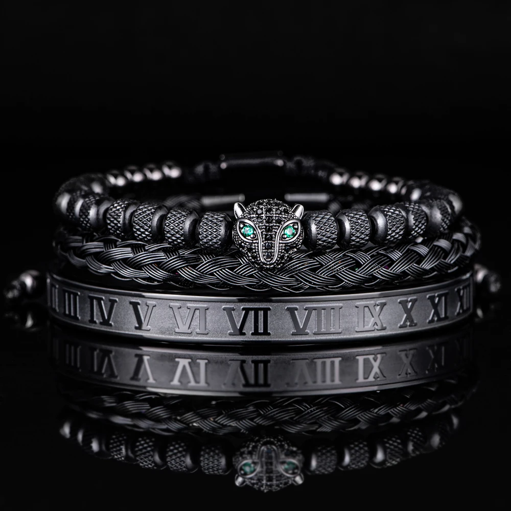 Bracelet jewelry 3pcs/set classical handmade braiding bracelet hip hop men pave CZ leopard head Roman numeral bracelet stainless steel jewelry