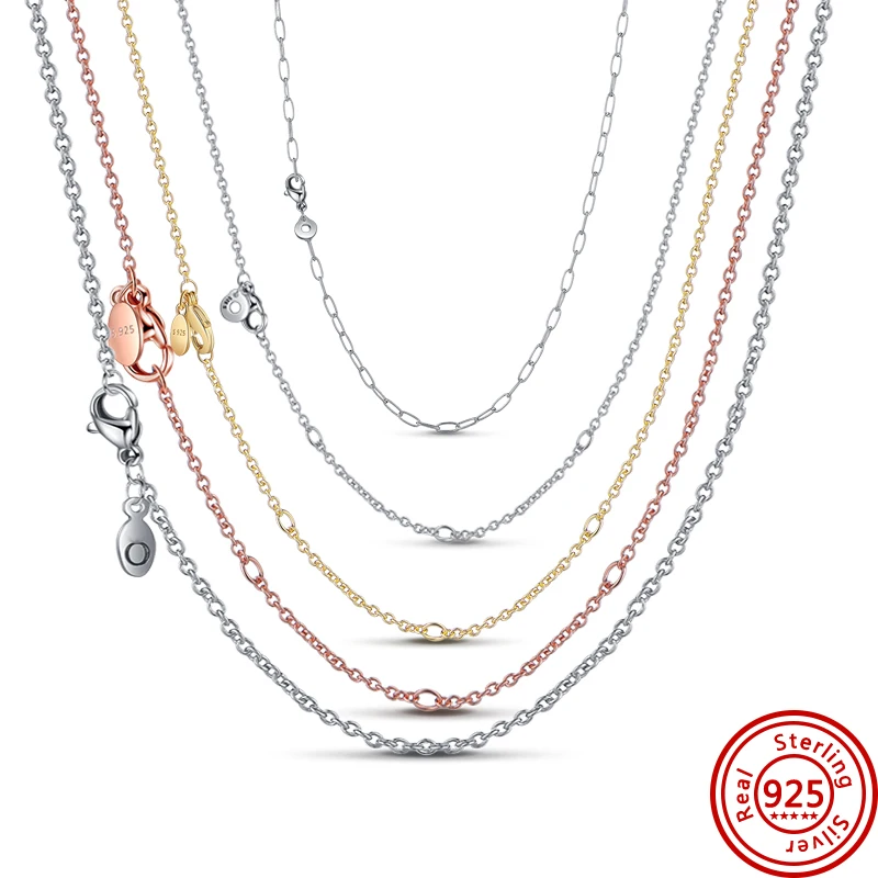 

100% 925 Silver Classic Cable Chain Necklace Original Pantora Charm Beads For Women DIY Jewelry Gift Wedding Anniversary
