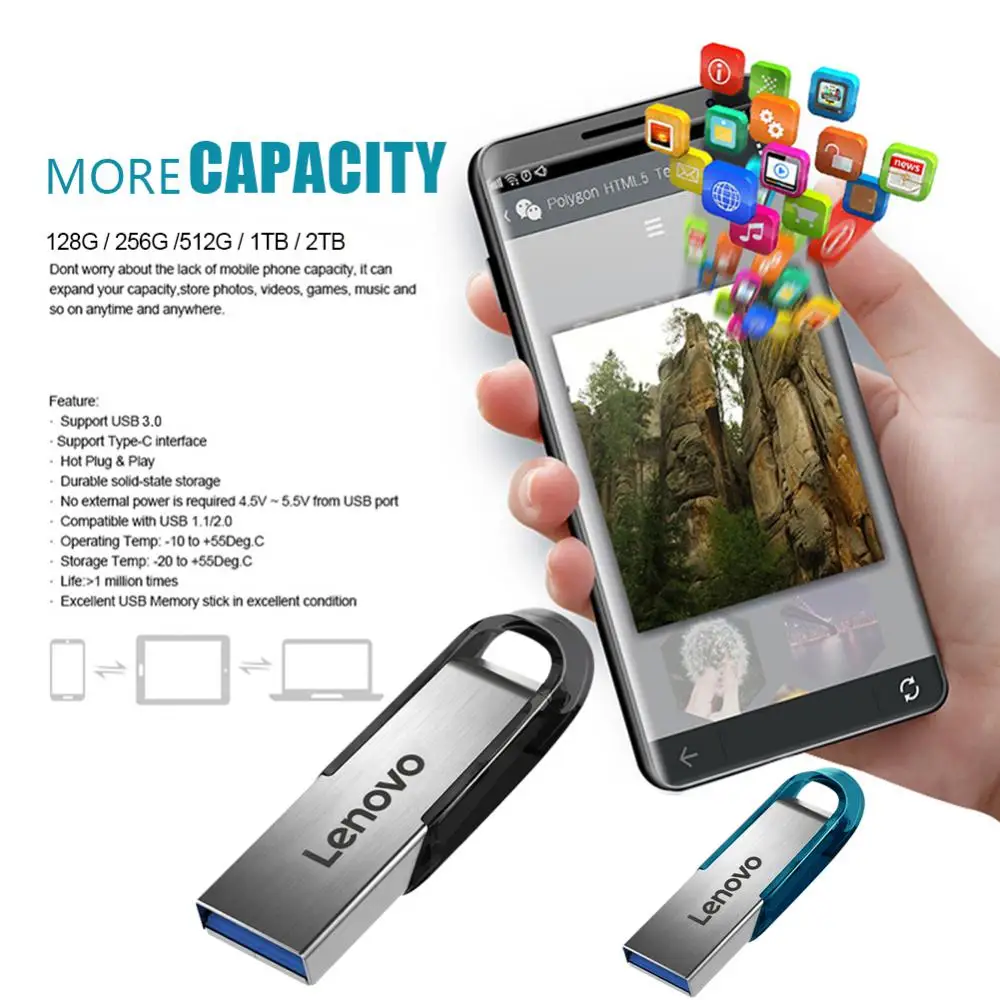 Lenovo USB 3.0 Flash Drive 2TB 1TB Pendrive 512GB 256GB USB 3. 0 Memory U Stick Pen Drive 128GB Flash USB Disk Waterproof For PC