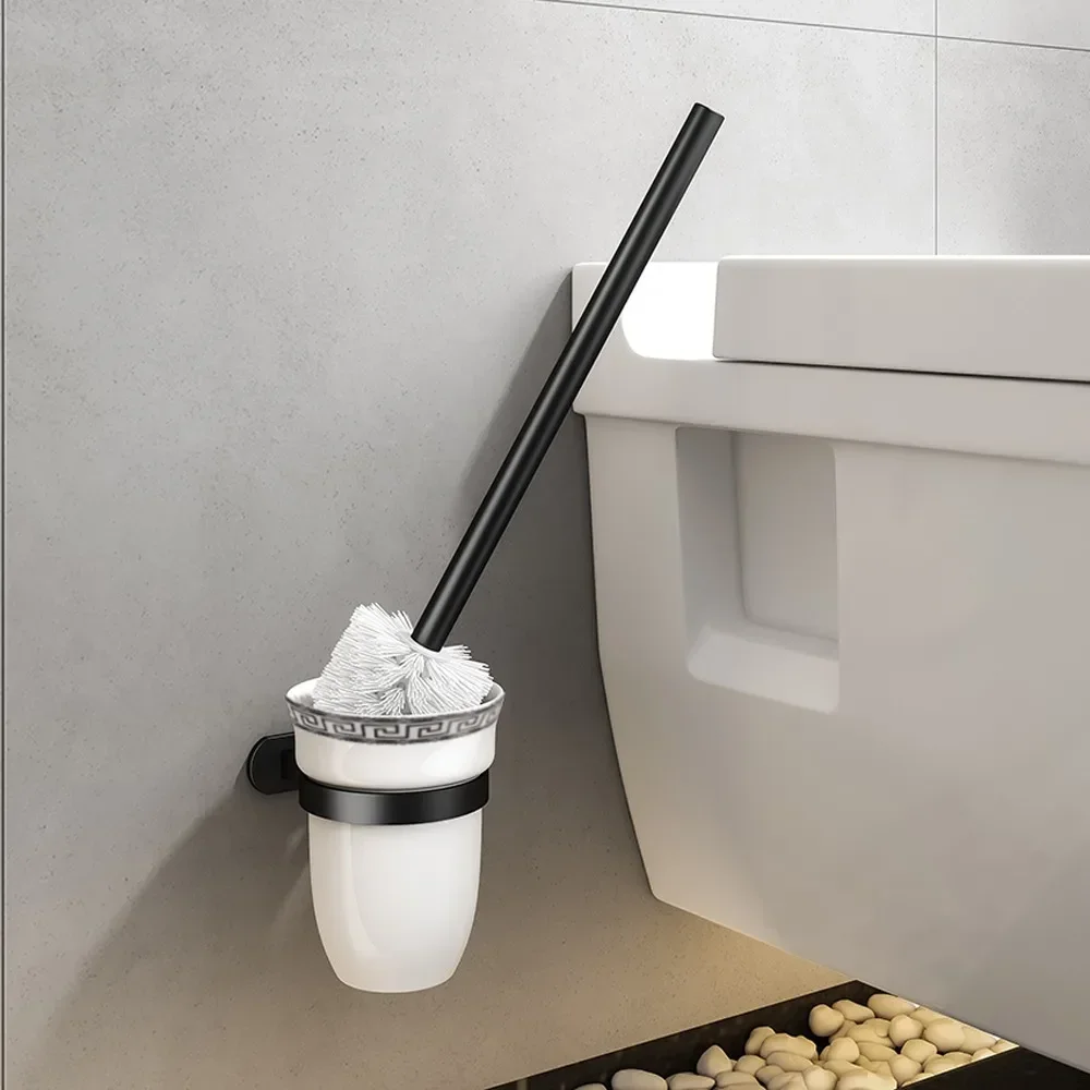 Bath Hardware Sets Towel Rack Shower Bar Rail Holder Double Shelves Hooks Hanger Paper Tray Toilet Brush Holders Black Aluminum