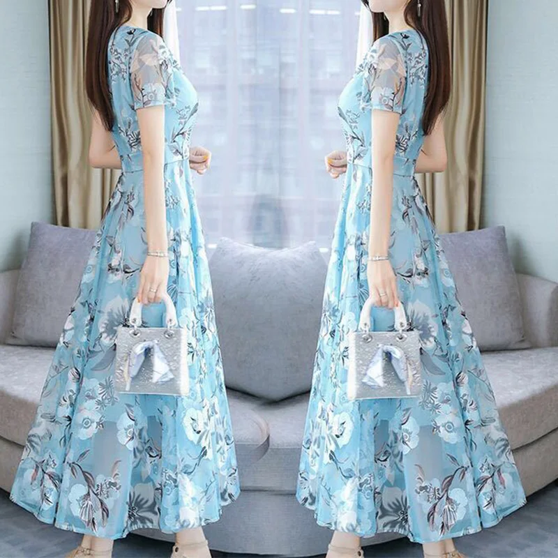 Abito Donna Estivo In Chiffon - Scollo A V, Manica Corta, Stampa Floreale, Con Cintura - Foto 3