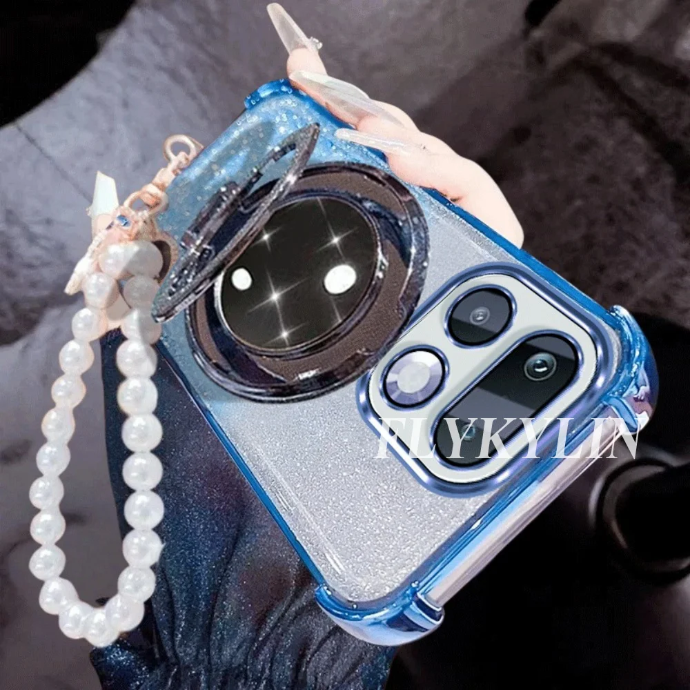 Enhanced Flashing Anti-Drop Phone Case with Makeup Mirror Holder and Pearl Chain