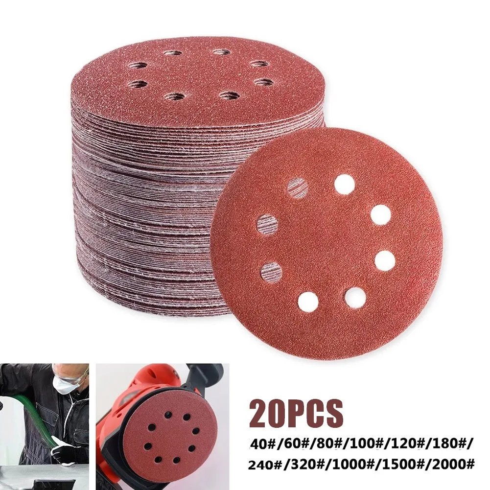 5 Inch 125mm Round Sandpaper 8 Hole Sanding Discs Hook and Loop Grit 40-2000 Rotary Tool Wood Jade Abrasive Polishing Tool 20pcs