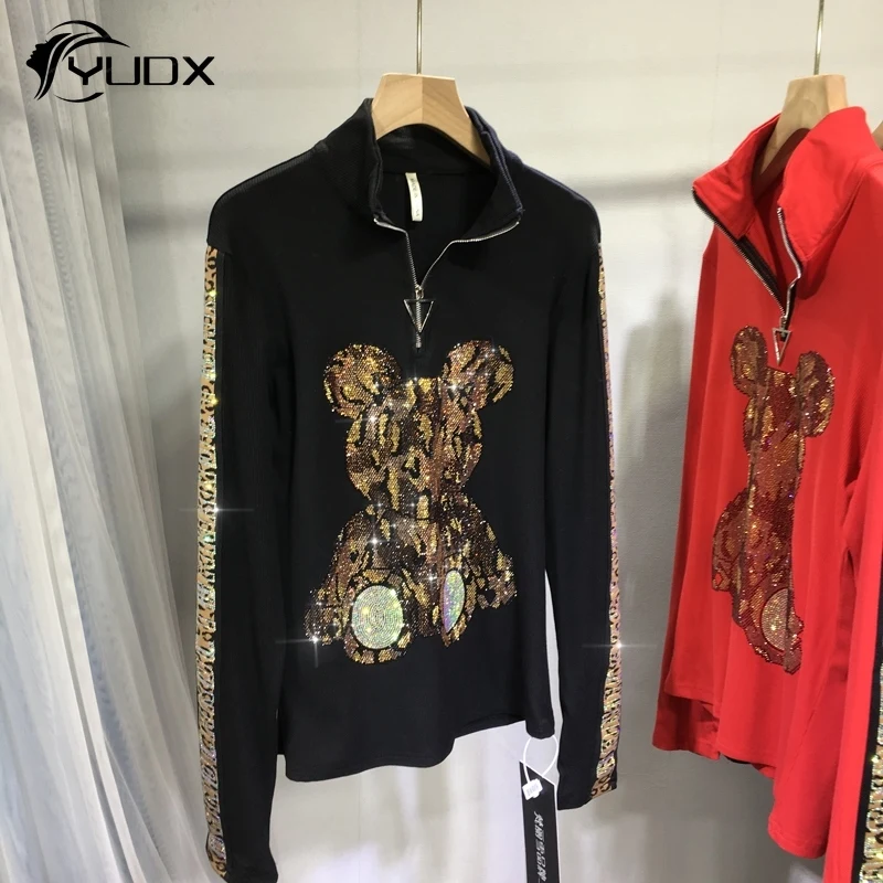 

YUDX Shiny Hot Drilling Zip High Collar Knitting Top Age Reduction Leopard Bear All-match Autumn Winter Long Sleeve T-shirt Cute