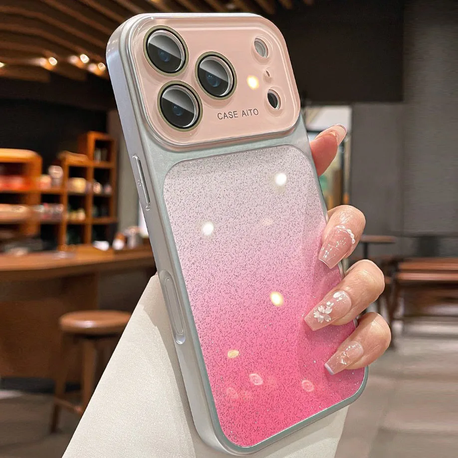 Luxuy Gadient Glitte Camea Glass Film Case Fo Iphone 17 Po Max 16 15 14 13 Had PC Shockpoof Lens Potection_voghion.com