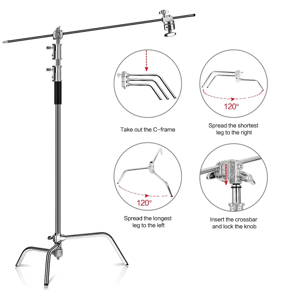SH 2.6/3.3M Professional Studio Magic Leg With Sandbags Heavy Duty Stainless Steel C Stand Portable Video Lighting Equipment