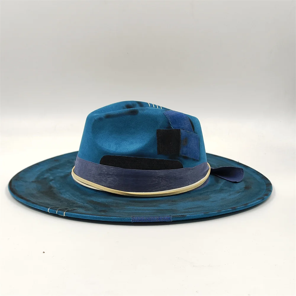 Handgenähter Fedora-Hut, Jazz-Hut, Männer und Frauen, Spielkarten-Accessoires, modischer Filzhut, schwarz-weißer Panama-Kirchenhut – Detail 17