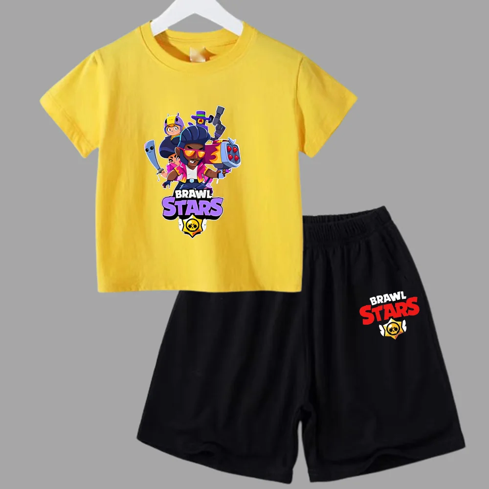 thumbnail image 1 of Conjunto de 2 piezas de camiseta de manga corta y pantalones cortos con estampado de anime de verano para niños y niñas, ropa informal de cuello redondo, 1 of 4