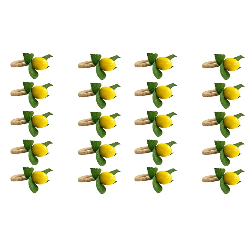 

20PCS Handmade Napkin Rings Yellow Faux Lemon With Vine Napkin Ring For Wedding, Dinner Party, Banquet, Serviette