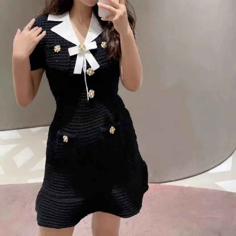 

EFATZP Black Bowknot Knitted Short Dress Women's 2024 Spring New Short Sleeve Diamond A-Line Mini Dress