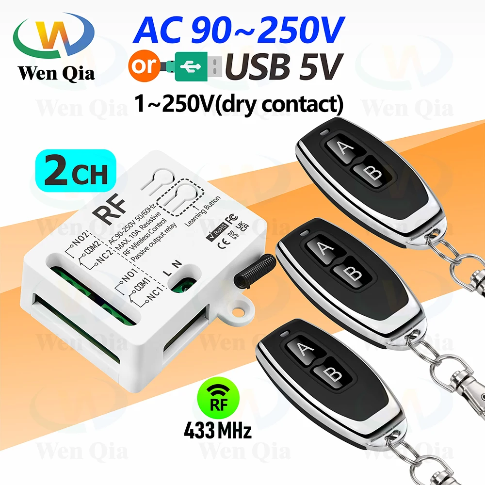 Interruttore Universale Wireless con Telecomando 433Mhz AC 85V ~ 250V 110V 220V Modulo Ricevitore Relè a 2 Canali e Telecomandi RF 433 Mhz Interruttore Universale Wireless con Telecomando 433Mhz AC 85V ~ 250V 110V 220V Modulo Ricevitore Relè a 2 Canali e Telecomandi RF 433 Mhz