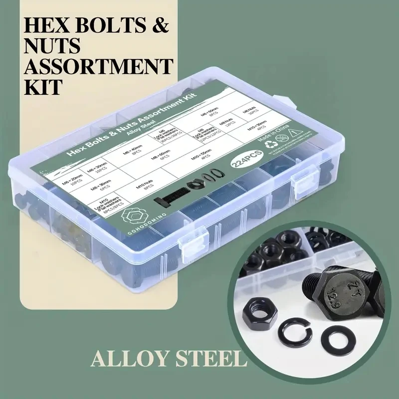 Hex Head Bolts and Nuts Kit 224 M6 M8 M10 Heavy Duty Flat Washer and Non-slip Washer Combination