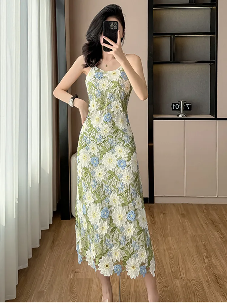 French Vintage Lace Floral Embroidery Midi Dress