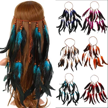 Indian Tribal Ethnic Headband Headdress Bohemian Handmade Wood Beads Feather Tassel Hair Accessories Women Festive Head Jewelry