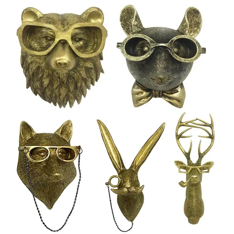 

Animal Head Wall Decor Antique Bronze Resin Animal Pendant Golden Deer Head Wall Storage Hook Up Background Sculpture Wall Art