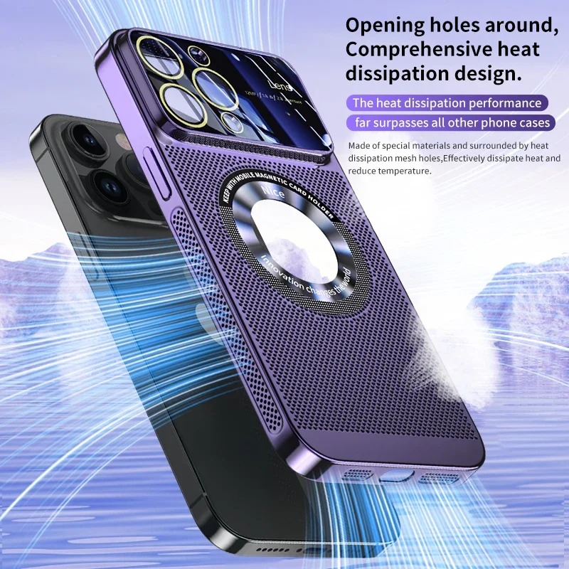 Plated Mesh Glass Lens Heat Dissipation Magnetic Phone Case with Enlarged Logo