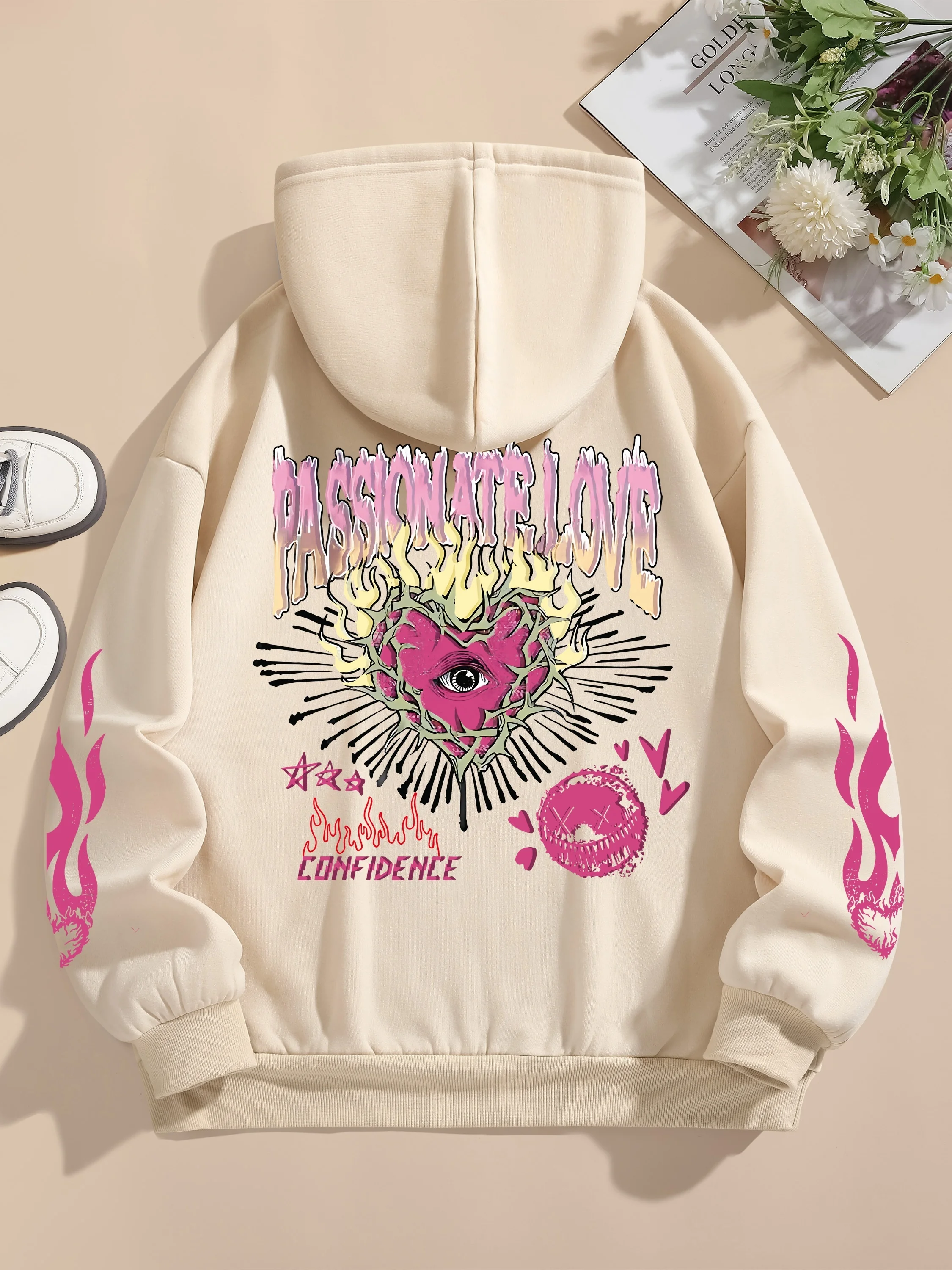 Sudaderas con capucha estampadas con corazón de Llama de Amor para mujer, Jersey suelto de cuello redondo, Tops cálidos de lana para mujer, ropa de calle - Imagen 3