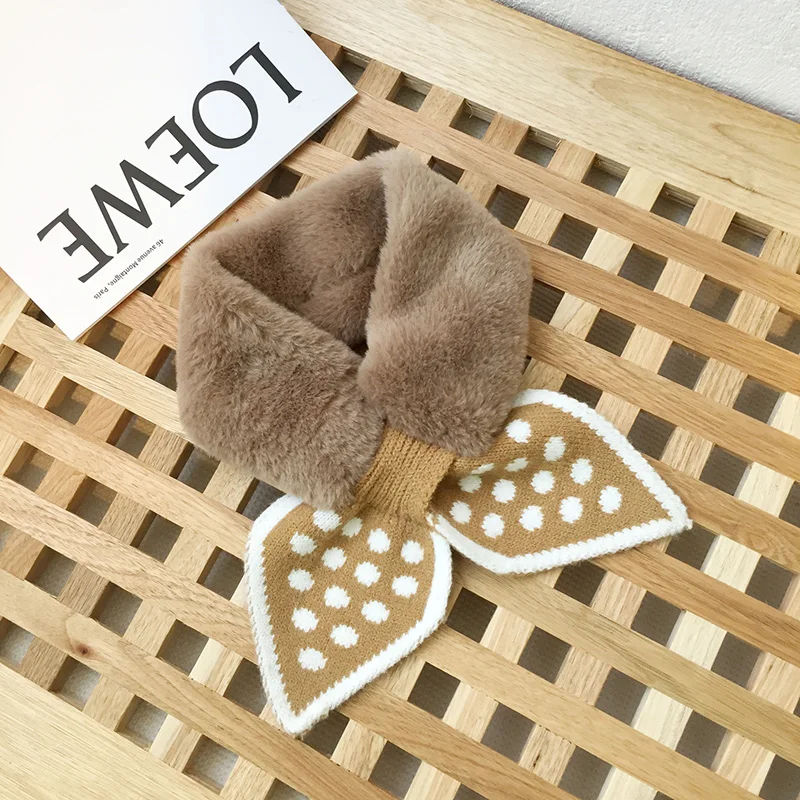 Autumn Winter Children's Dot Bear Scarf Baby Cold Proof Collar Plush Warmth Cute Solid Hair Knitted Fish Tail Cross Bib P07