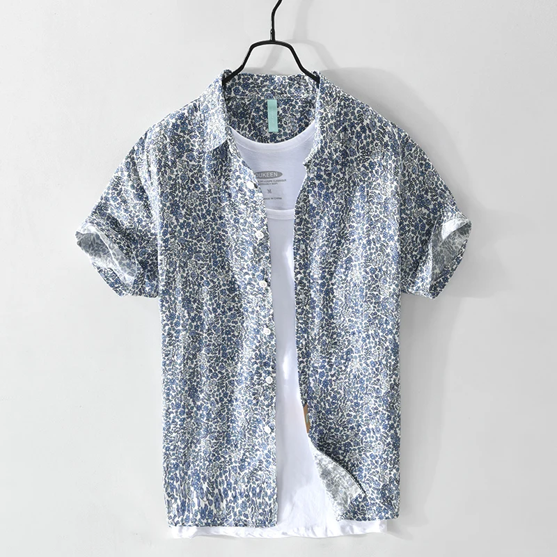 Floral Short Sleeve Shirts for Men Summer New Plus Size Casual Loose Cotton Linen Shirts