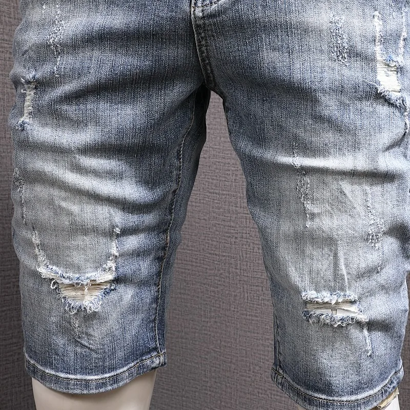 Short Jeans Men Streetwear Ripped Denim Shorts Summer Fashion Casual Light Blue Stretch Slim Fit Pants