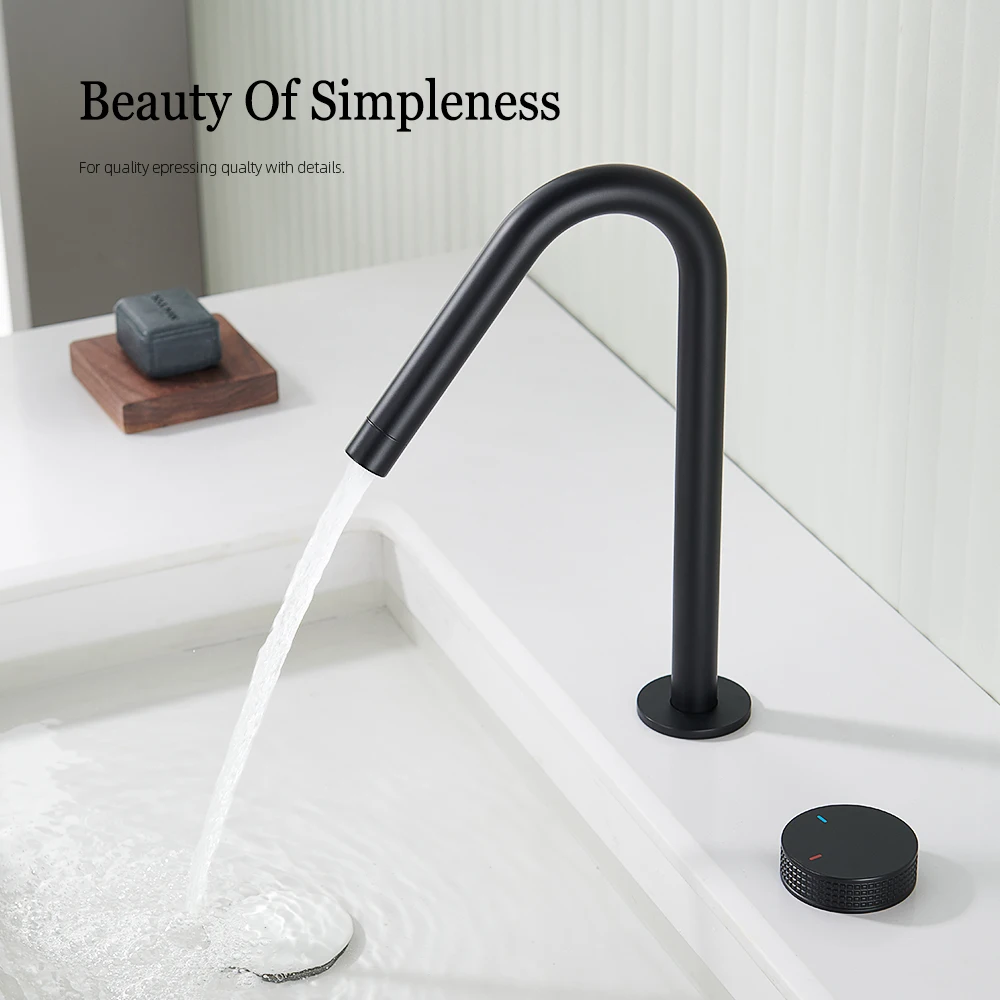 Matte Black Basin faucet Knurled knob Sink Tap 360 Rotating Spout two holes Desk Mounted Basin Tap Bathroom Widerspread faucet basin faucet,bathroom faucet