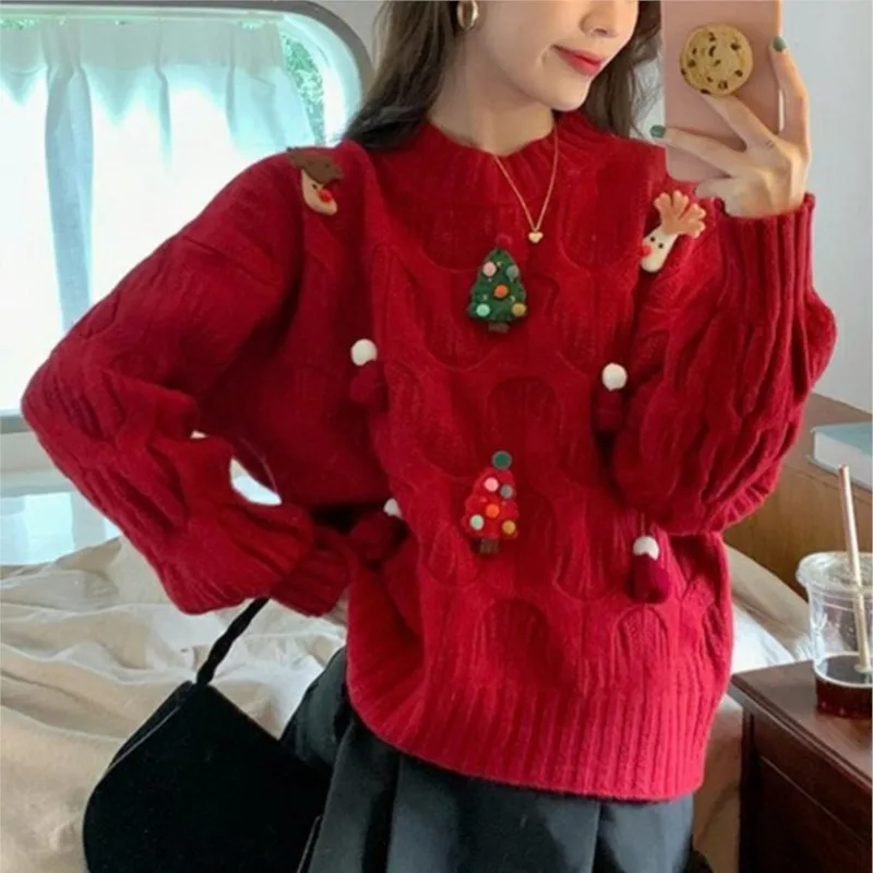 

Red Christmas Sweater Long Sleeved Versatile Top For Women's Autumn And Winter New Design, Stylish And Age Reducingloose Fitting