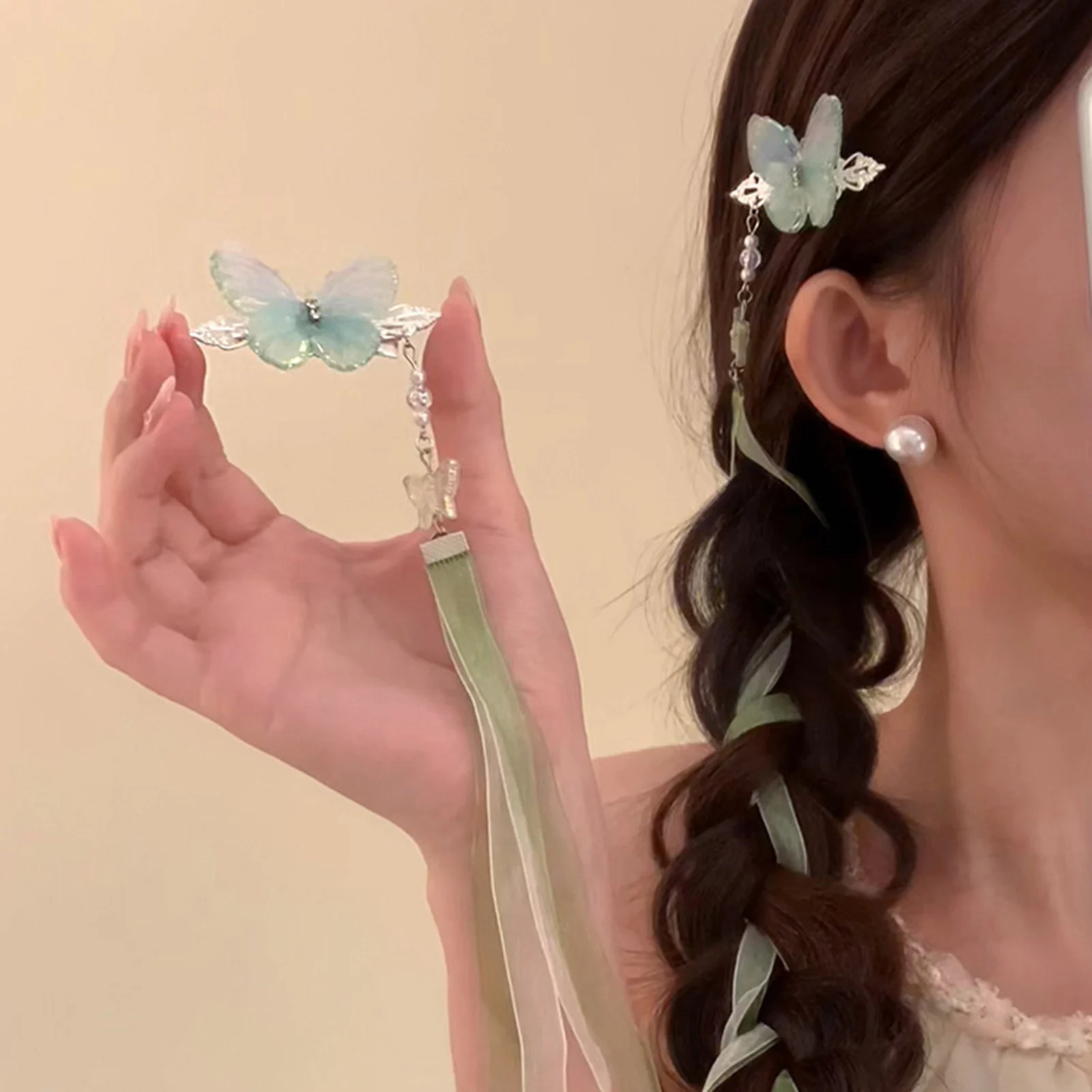 2 stücke Neo Chinesischen Stil Haar Clips Fee Schmetterling Band Haarnadel Für Frauen Mädchen Elegante Exquisite Hanfu Haar Zubehör