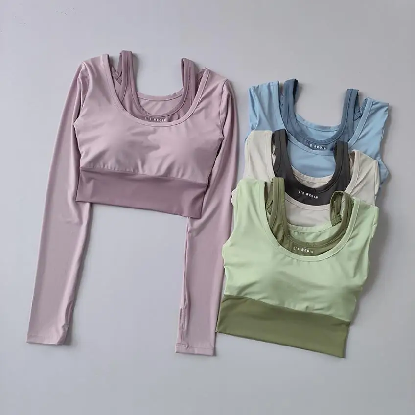 

Two Piece Yoga Suit with Breast Pad (fake) Long Sleeve Short Style Slim Fast Drying Fitness Suit Elastic Sports Top