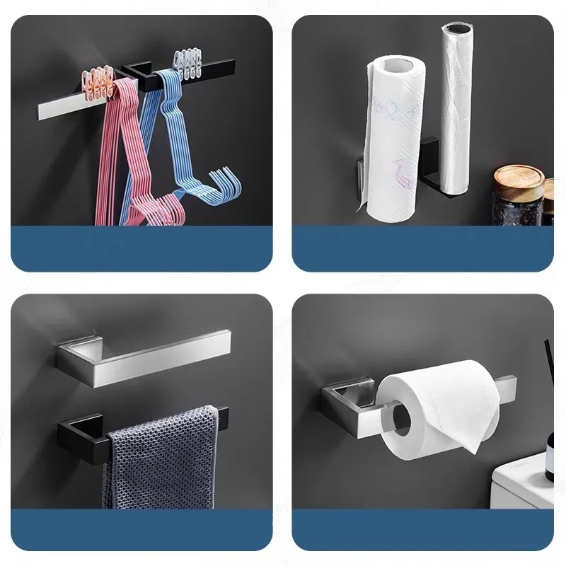 No Nail Bathroom Hardware Set SS304 Towel Bar Wall Mount Toilet Paper Holder Hand Robe Hook Hanger