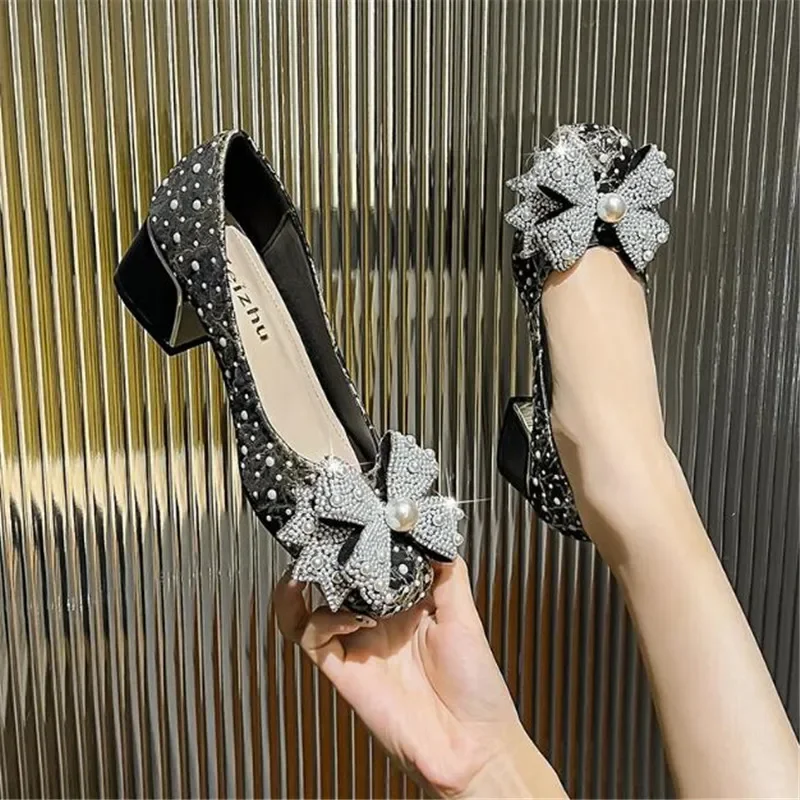 2024 New Women Shoes Fashion Thick Heel Square Toe Rhinestone